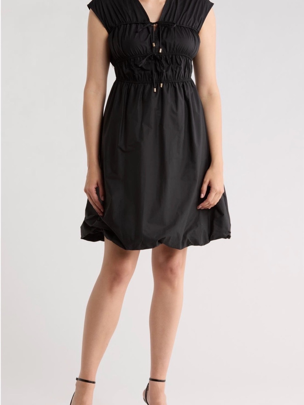 Ellen Tracy Black V-Neck Ruched Drawstring Midi Dress